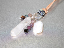 Load image into Gallery viewer, . Quartz Crystal Charm Necklace with a Tourmaline Crystals and large square natural pearl, birthday gift, gift for her
