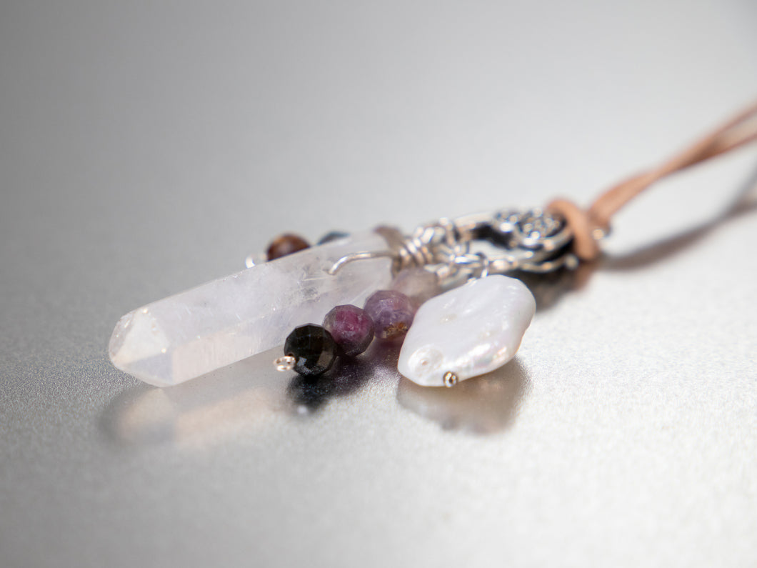 . Quartz Crystal Charm Necklace with a Tourmaline Crystals and large square natural pearl, birthday gift, gift for her