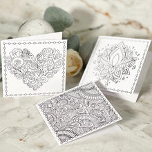 Load image into Gallery viewer, Three little cards, each with a different mandal design, for you to colour in at home. Comes with envelopes and little sealing stickers.  Cards are on 110gm white card.  The envelopes are white too.  
You will get a pack of 3 cards, ALL different designs. &nbsp;They are 90x90mm and are on 110gms white card. &nbsp;They are blank on the inside so that you can write your own message. &nbsp;They will be UN COLOURED!
