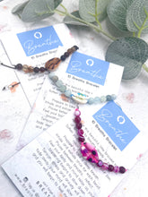 Load image into Gallery viewer, Choc plate Agate, Aquamarine and Magenta Agate bracelets on their jewellery cards
