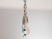 Load image into Gallery viewer, . Quartz Crystal Charm Necklace with Mother Of Pearl Moon and Stars, featuring little pearls on a double cotton cord with extender chain
