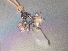 Load image into Gallery viewer, . Quartz Crystal Charm Necklace with a cluster of Pink, peach and white pearls, birthday gift, gift for her
