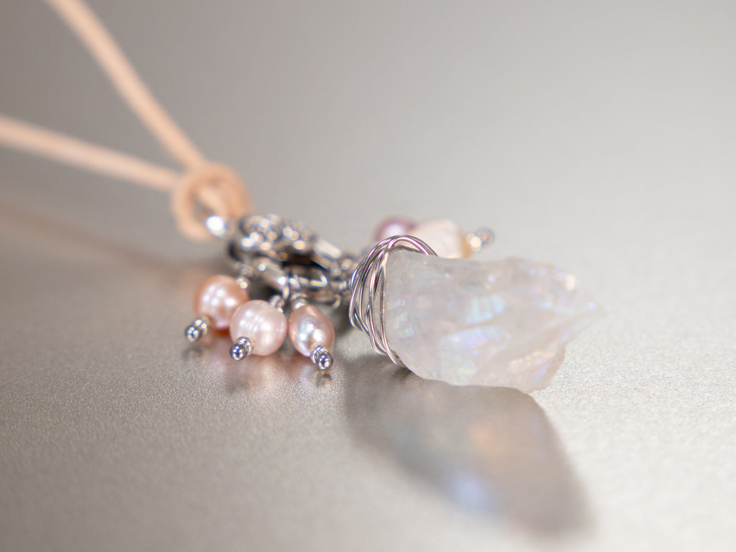 . Quartz Crystal Charm Necklace with a cluster of Pink, peach and white pearls, birthday gift, gift for her
