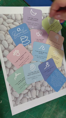 a short video showing how to place the 10 breathe affirmation stones on the cards before your practice and the little carry bag that comes with it.