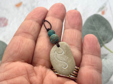 Load image into Gallery viewer, Hand Engraved Beach Pebble Necklace – Ethically Sourced Coastal Jewellery with Natural Beach Stones and Pearl for a Boho Summer Look

