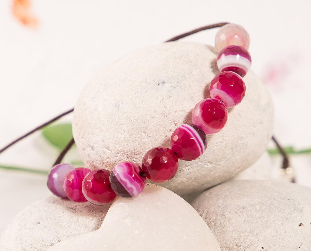 Faceted Pink Magenta Striped Agate, Semi Precious Stone Anxiety Bracelet, Calming jewellery