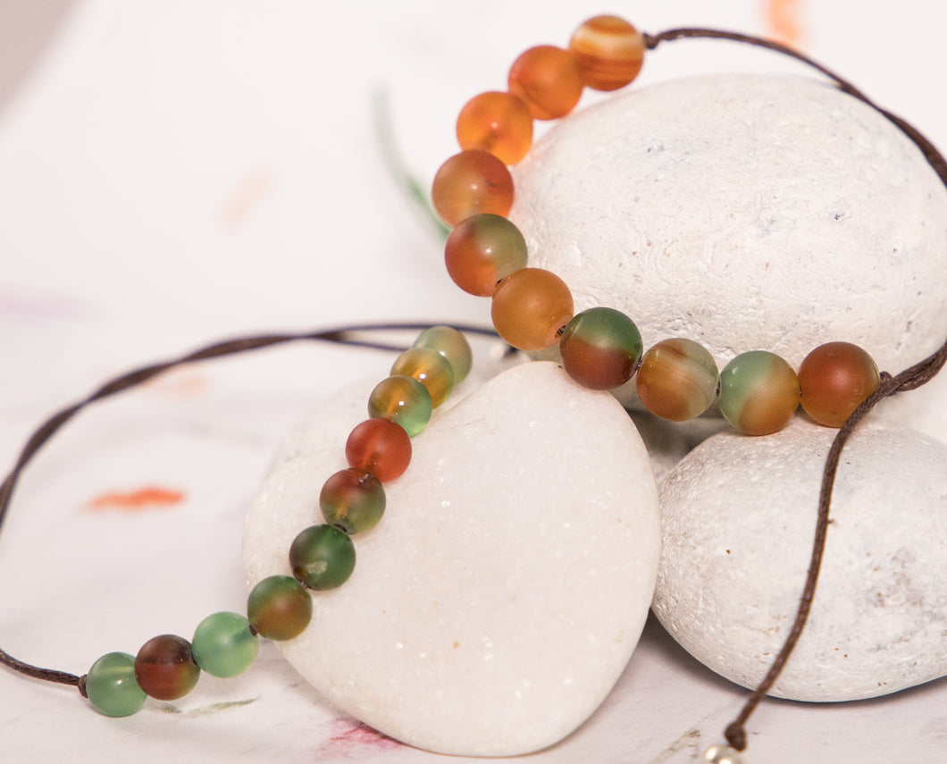 Matte Peacock Agate Stone Bracelet, Beautiful in oranges and greens, perfect meditation bracelet