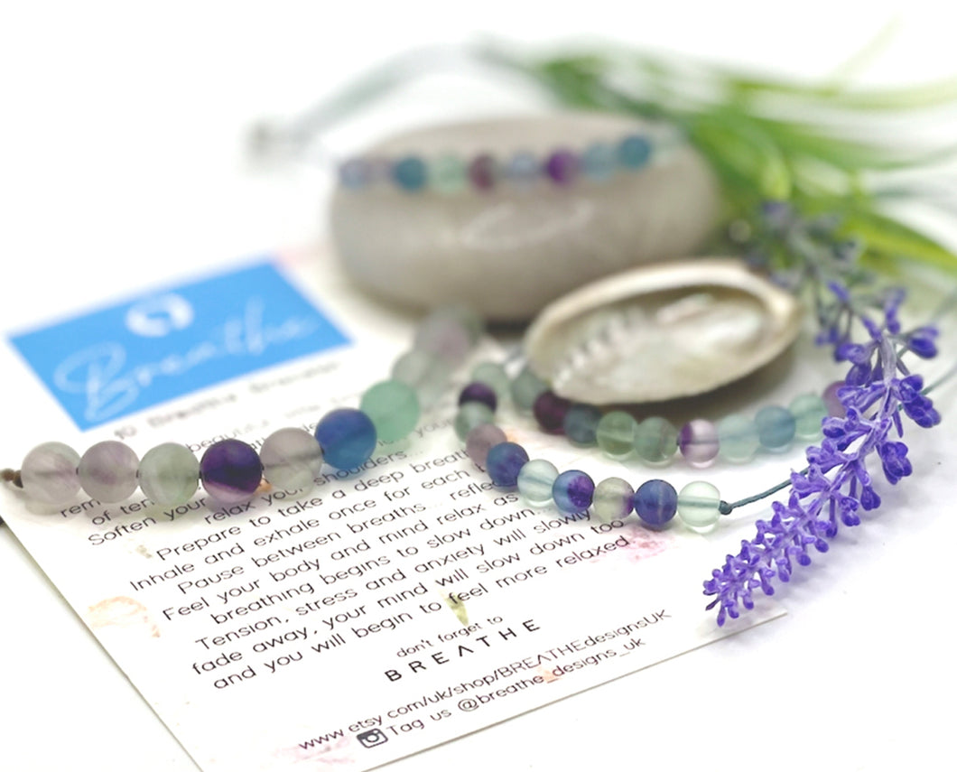 Matte Rainbow Fluorite Semi Precious Stone Bracelet for relieving stress and anxiety, Breathe Bracelet for counting 10 Breaths