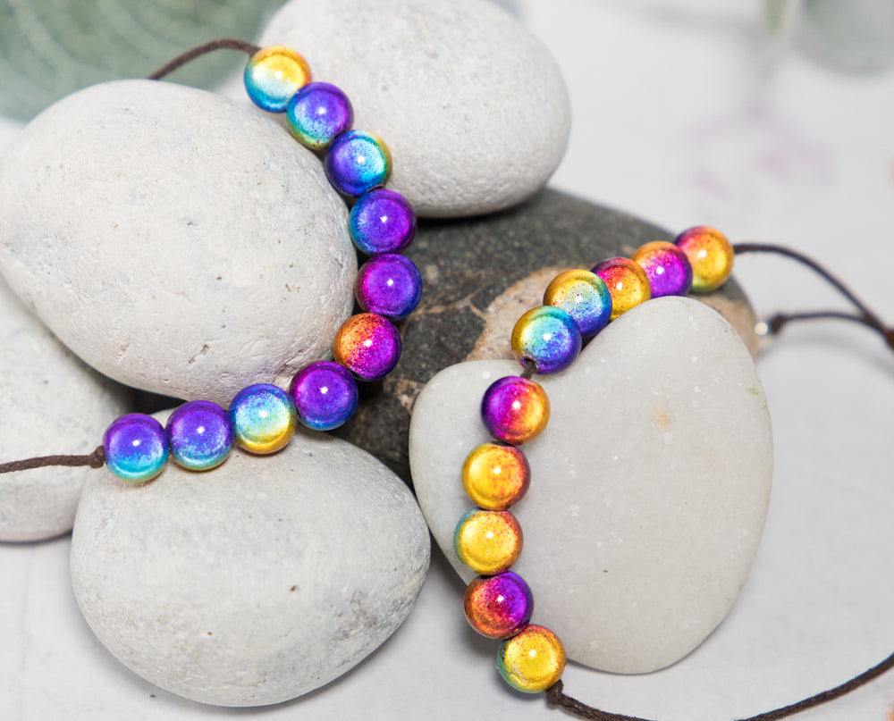 Calming Bracelet, 10 Breaths Bracelet, Breathe Bracelet.  Illusion or Magic beads in Purple Rainbow
